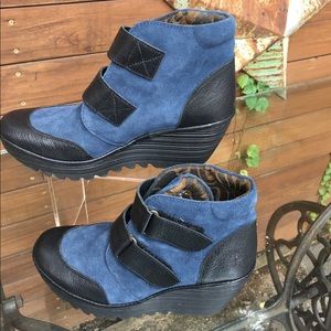 Fly London Yugo leather/ suede wedge ankle boots.